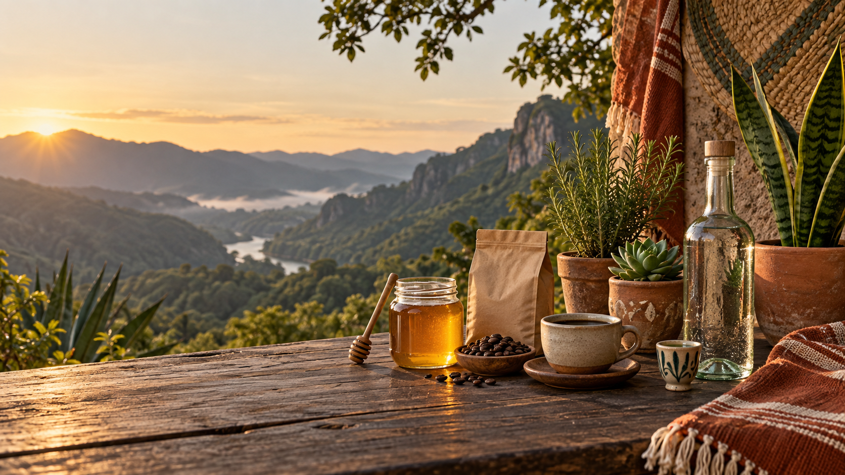 Miel, café, mezcal y plantas frente a las montañas de Guerrero